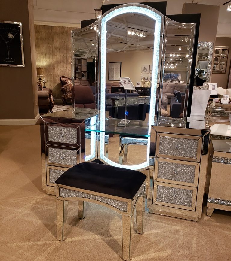 Nie Mirrored Vanity With Lighting, Mirrored Vanity Furniture