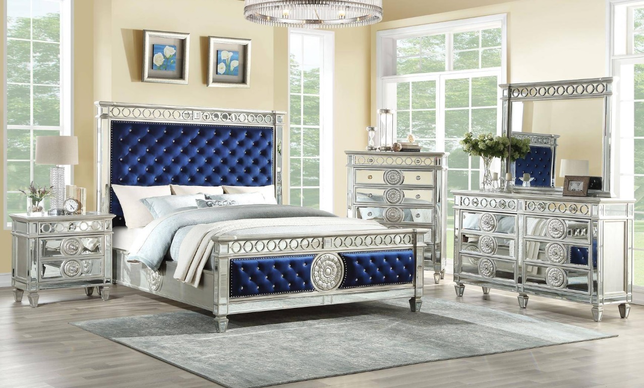 Varian Collection Bedroom Set, Blue Velvet & Mirrored 26150 | Casye ...