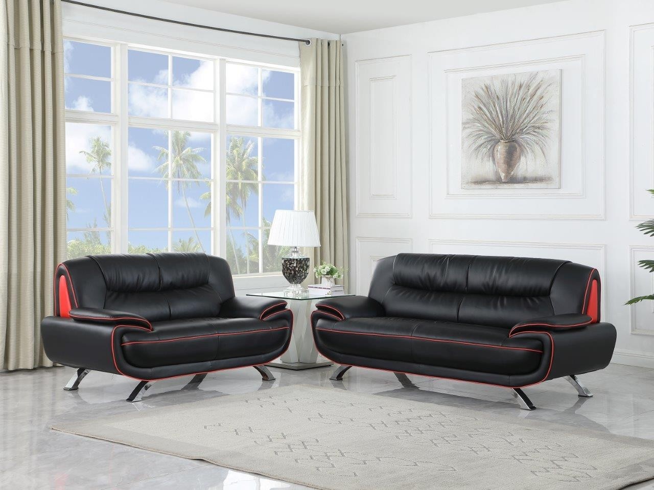 Black Red Genuine Leather Living Room