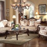 Victorian Beige Gold Chenille 2pc Living Set Carved Wood SF8900
