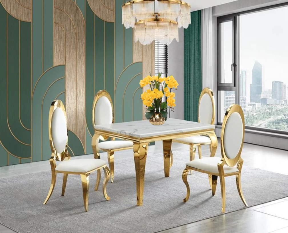 Gold Modern Dining Table W/ White Marble Top 5pc | Casye Furniture