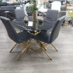 5pc Dining Set, Round Table Glass with Marble look Finish